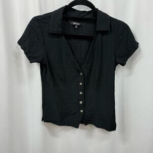 Madewell Notched V-Neck Button Up Top Black Collared Mother of Pearl Buttons XS